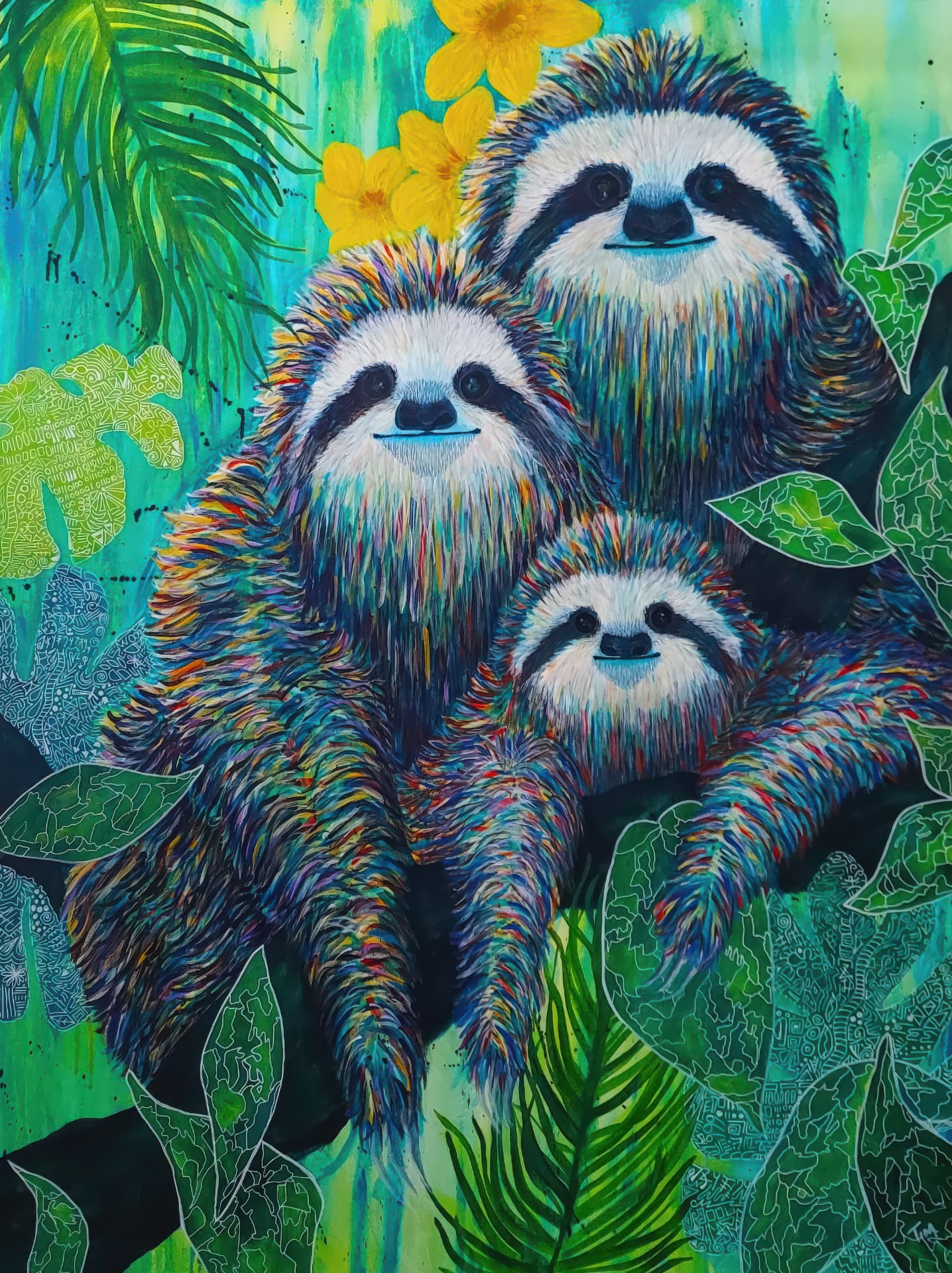 Canopy Central by Tina Alberni — three sloths in vibrant tropical foliage
